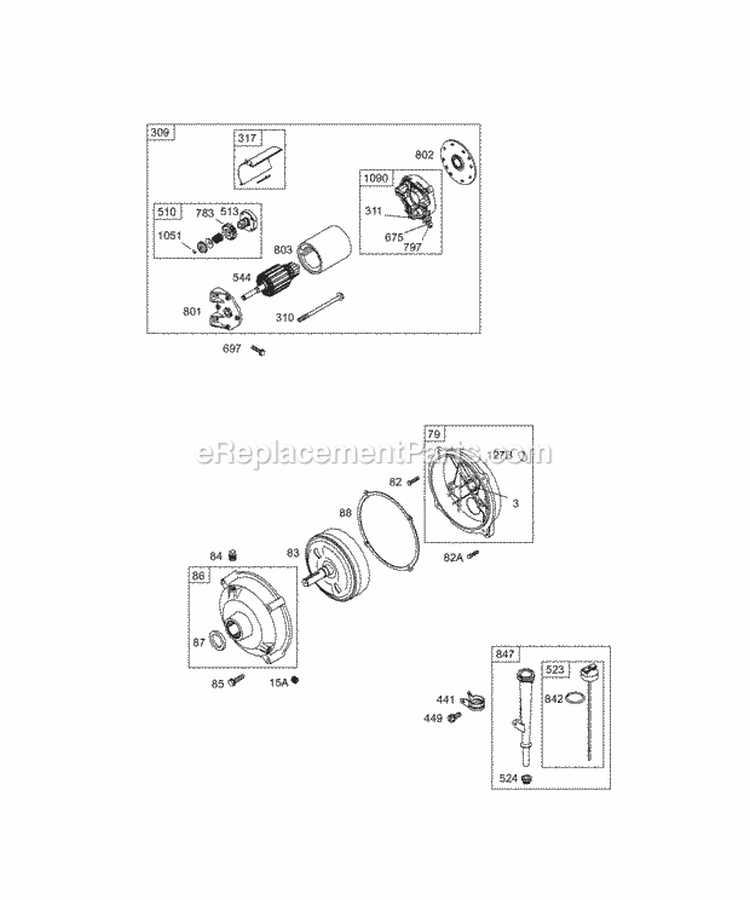 Electric Starter Gear Reducer Oil Group Diagram and Parts List for 113452-0049-E1  Briggs and Stratton Engine